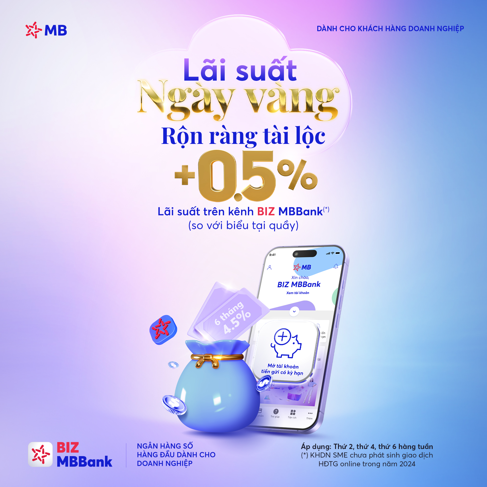 Hình minh họa ưu đãi: BÙNG NỔ ƯU ĐÃI LÃI SUẤT TIỀN GỬI TRÊN KÊNH BIZ MBBANK VỚI CHƯƠNG TRÌNH “LÃI SUẤT NGÀY VÀNG – RỘN RÀNG TÀI LỘC”